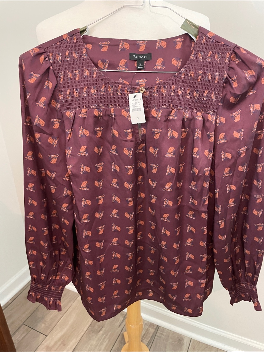 Talbots rust Printed Smocked Yoke Blouse with horse print